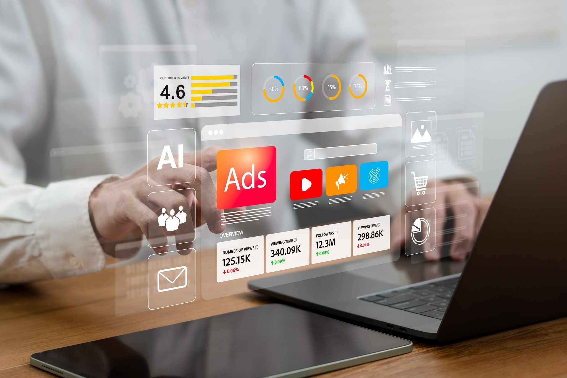 Digital marketing and social media ads concept. Businessman using laptop with Online sales of digital marketing, E-commerce, AI, product ads, promotion of products or services through digital tools.