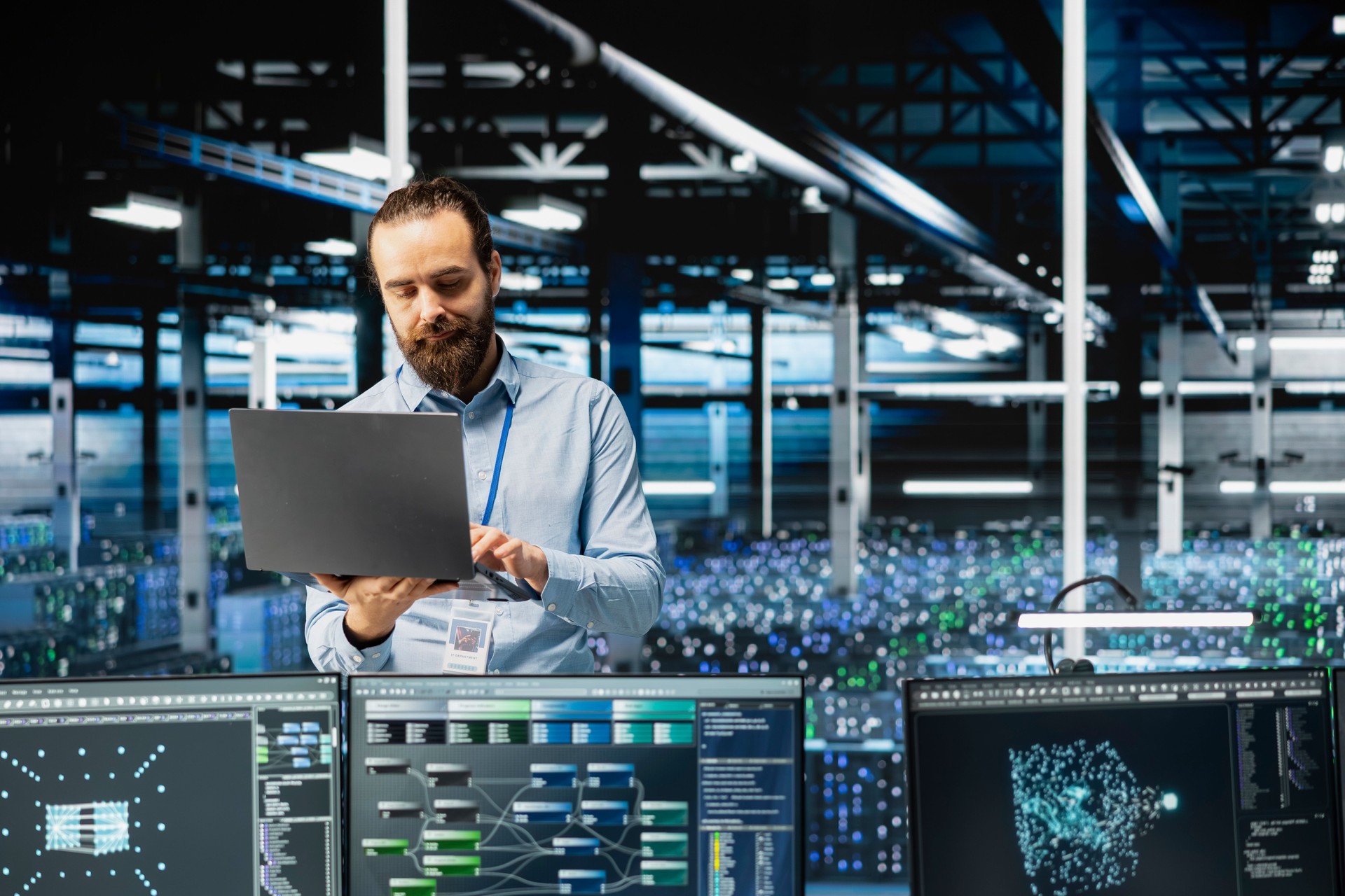 Engineer in data center configuring hardware specifically optimized for AI tasks